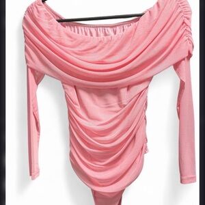 ReoRia Pink Off-Shoulder Draped Long Sleeve Bodysuit